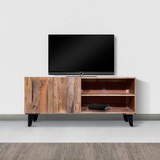 The Urban Port UPT-272535 Kai 55 Inch Mango Wood TV Media Console with 2 Doors and Embossed Geometric Design, Natural Brown