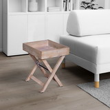 The Urban Port UPT-272549 22 Inch Farmhouse Square Tray Top End Table, Mango Wood, X Shape Foldable Frame, Washed White