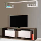 The Urban Port UPT-272746 71 Inch Wooden TV Console Entertainment Media Center, 2 Piece Set, Wall Mounted Floating Shelf, White, Brown