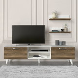 The Urban Port UPT-272762 59 Inch Wood TV Console Entertainment Center, 2 Drop Down Doors, 2 Wall Shelves, Walnut, White