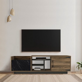The Urban Port UPT-272765 71 Inch Modern Wooden TV Console Cabinet, 2 Doors, 4 Open Compartments, Walnut and Black