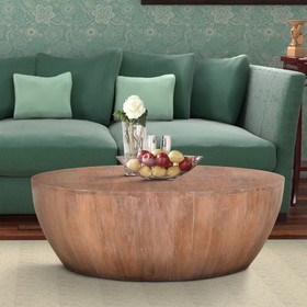 The Urban Port UPT-32182 Drum Shape Wooden Coffee Table with Plank Design Base, Distressed Brown