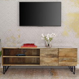The Urban Port UPT-38930 Industrial Style Mango Wood and Metal Tv Stand With Storage Cabinet, Brown