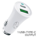CableWholesale 30W1-713WH 2 Port USB Car Charger, 3.4A total. Cigarette Lighter Plug, 1x USB Type A, 1x USB Type C, White