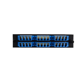 CableWholesale 68F3-02160 LGX Compatible Adapter Plate featuring a Bank of 6 Singlemode LC Quad Connectors in Blue for OS1 and OS2 applications, Black Powder Coat