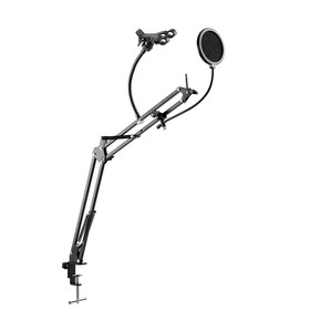 CableWholesale 8190-00026 Deskmount Microphone Stand with Rotating Phone holder and Pop Filter