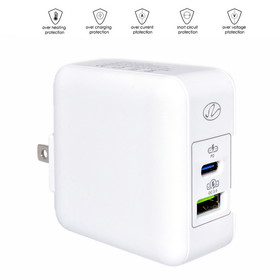CableWholesale 90W1-41000WH 2 Port USB Wall Travel Charger, USB C w/ USB PD 3.1A, USB A /w QC3 3.1A, 36W, White