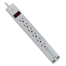 CableWholesale C2008 Comzon&#174; Surge Protector w/2 USB ports(2.4 Amp), Flat Rotating Plug, 6 Outlet, White Horizontal Outlets, Plastic, Power Cord 10 foot