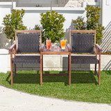 Costway 02153874 2-Seat Patio Rattan Acacia Wood Chair with Coffee Table
