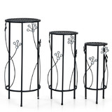 Costway 04769182 3 Pieces Metal Plant Stand Set with Crystal Floral Accents Round-Black