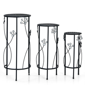 Costway 04769182 3 Pieces Metal Plant Stand Set with Crystal Floral Accents Round-Black