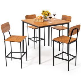 Costway 05376819 5-Piece Industrial Dining Table Set with Counter Height Table and 4 Bar Stools-Walnut