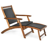 Costway 09537146 Patio Folding Rattan Lounge Chair Wooden Frame with Retractable Footrest