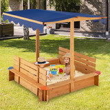 Costway 12894653 Kids Wooden Sandbox with Canopy and 2 Bench Seats