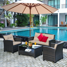 Costway 13796052 4 Pieces Outdoor Rattan Furniture Set with Glass Table