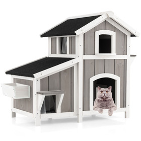 Costway 13798625 Outdoor 2-Story Wooden Feral Cat House with Escape Door-Gray
