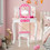 Costway 14327890 Kids Vanity Table and Stool Set with Cute Polka Dot Print-Pink