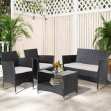 Costway 14938562 4 Pieces Patio Conversation Set with Soft Cushions and Tempered Glass Tabletop
