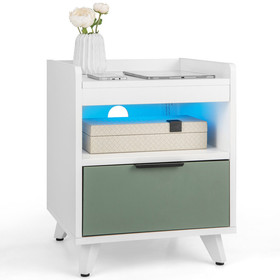 Costway 15438762 Modern Nightstand with LED Lights Sliding Drawer and Open Compartment-White