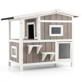 Costway 15842397 Outdoor 2-Story Wooden Feral Cat House with Escape Door-Gray