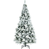 Costway 15937028 6 Feet Snow Flocked Hinged Christmas Tree with Berries and Poinsettia Flowers