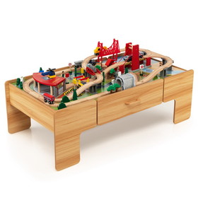 Costway 16230798 Kids Double-Sided Wooden Train Table Playset with Storage Drawer