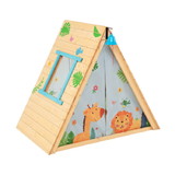Costway 21784695 2-in-1 Wooden Kids Triangle Playhouse with Climbing Wall and Front Bell