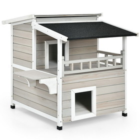 Costway 24017853 2-Story Wooden Patio Luxurious Cat Shelter House Condo with Large Balcony