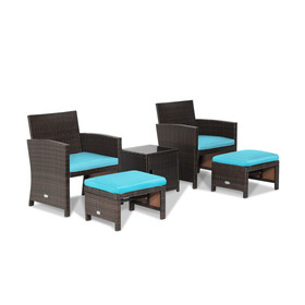 Costway 26495138 5 Pieces Patio Rattan Furniture Set with Ottoman and Tempered Glass Coffee Table-Turquoise