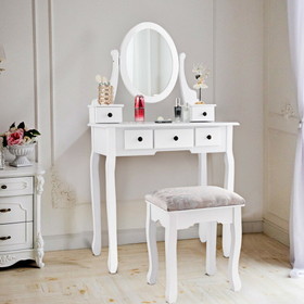 Costway 26798530 Dressing Table Set with Oval Mirror Stool and 5 Storage Drawers