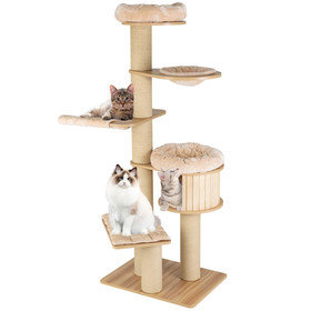 Costway 27345196 Modern Tall Cat Tree Tower with Scratch Posts and Washable Mats-Beige