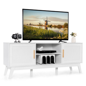 Costway 30914862 TV Stand Entertainment Media Console with 2 Rattan Cabinets and Open Shelves-White