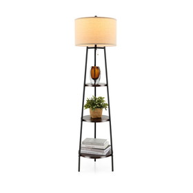 Costway 32965874 Shelf Floor Lamp with Storage Shelves and Linen Lampshade