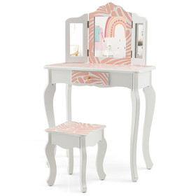 Costway 34257068 2-in-1 Kids Vanity Table Set with Tri-folding Mirror-Pink