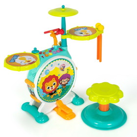 Costway 34581627 3 Pieces Electric Kids Drum Set with Microphone Stool Pedal