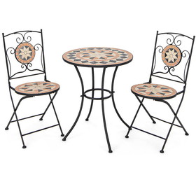 Costway 36452817 3 Pieces Patio Bistro Set with 1 Round Mosaic Table and 2 Folding Chairs