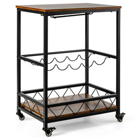 Costway 36758109 Kitchen Bar Cart Serving Trolley on Wheels with Wine Rack Glass Holder-Rustic Brown