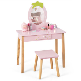Costway 40263157 2-in-1 Children Vanity Table Stool Set with Mirror-Pink