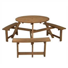 Costway 41895270 6-person Round Wooden Picnic Table with Umbrella Hole and 3 Built-in Benches-Dark Brown