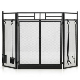 Costway 41926570 3-Panel Folding Wrought Iron Fireplace Screen with Doors and 4 Pieces Tools Set-Black