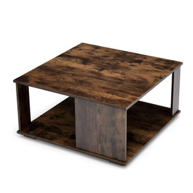 Costway 43176958 2 Tiers Square Coffee Table with Storage and Non-Slip Foot Pads-Rustic Brown
