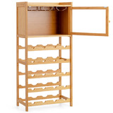 Costway 43905176 20-Bottle Freestanding Bamboo Wine Rack Cabinet with Display Shelf and Glass Hanger-Natural