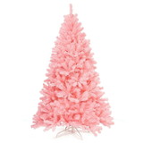 Costway 43976805 6 Feet Pink Artificial Hinged Spruce Full Christmas Tree with Foldable Metal Stand