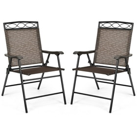 Costway 46295073 Set of 2 Patio Folding Chairs Sling Portable Dining Chair Set with Armrest