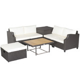 Costway 48921537 7 Pieces Hand-Woven Wicker Outdoor Furniture Set with Acacia Wood Coffee Table-White