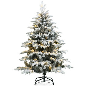 Costway 50698271 4.5 Feet Pre-Lit Snow Flocked Hinged Artificial Christmas Tree with 120 LED Lights