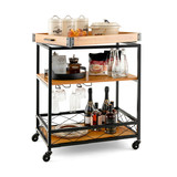 Costway 50718962 3 Tiers Industrial Bar Serving Cart with Utility Shelf and Handle Racks-Natural
