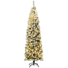 Costway 51268407 7.5 Feet Pre-lit Snow Flocked Artificial Pencil Christmas Tree with LED Lights
