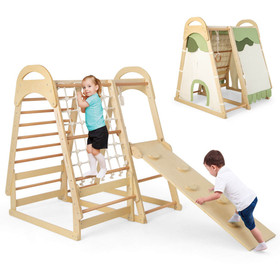 Costway 51472683 6-in-1 Wooden Kids Jungle Gym Playset with Slide Climbing Net-Natural