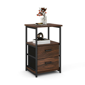 Costway 52397841 3-Tier Retro Nightstand with 2 Removable Fabric Drawers and Open Shelf-Walnut